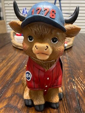 8” Patriotic Cow Figurine with Blue Cap and Red Jacket